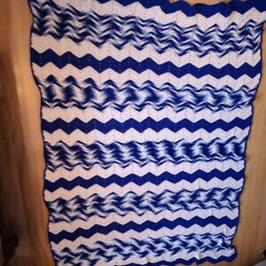 Handmade Crochet Afghan in Chevron or Ripple Pattern Royal Blue White & Blue Mix